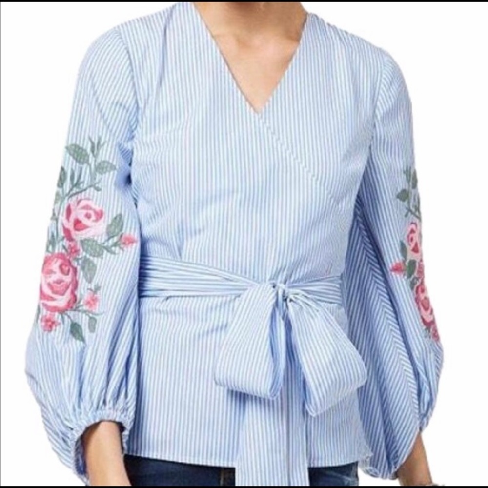 INC Blue & White Striped Wrap Tie Blouse Shirt w/ Pink Floral Embroidery SZ L